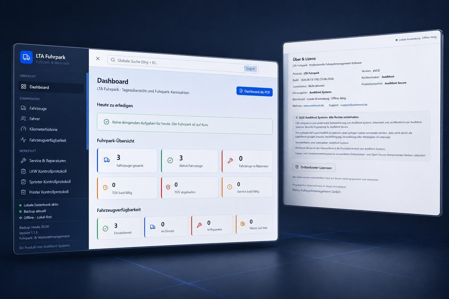 Benutzeroberfläche und Lizenzverwaltung der LTA Fuhrpark Software